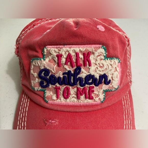 KBethos Vintage Distressed “Talk Southern To Me Embroidered Patch Coral Pink Hat - Picture 1 of 7